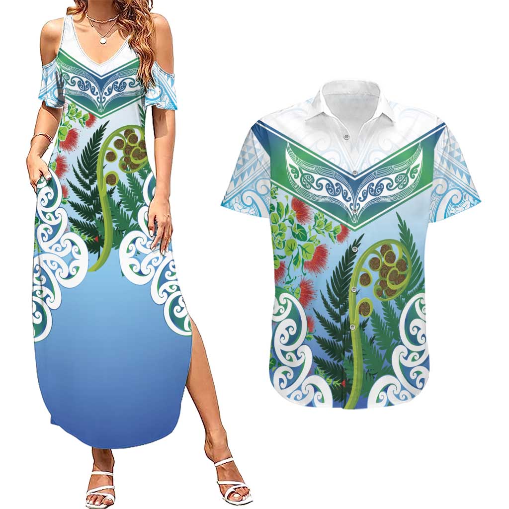 Aotearoa New Zealand Natural Plants Couples Matching Summer Maxi Dress and Hawaiian Shirt Pohutukawa with Silver Ferns Koru Frond Maori Tattoos LT03 Multicolor - Polynesian Pride