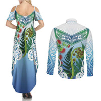 Aotearoa New Zealand Natural Plants Couples Matching Summer Maxi Dress and Long Sleeve Button Shirt Pohutukawa with Silver Ferns Koru Frond Maori Tattoos LT03 - Polynesian Pride