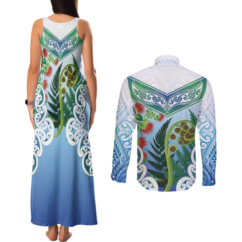 Aotearoa New Zealand Natural Plants Couples Matching Tank Maxi Dress and Long Sleeve Button Shirt Pohutukawa with Silver Ferns Koru Frond Maori Tattoos LT03 - Polynesian Pride