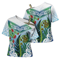 Aotearoa New Zealand Natural Plants Cross Shoulder Shirt Pohutukawa with Silver Ferns Koru Frond Maori Tattoos