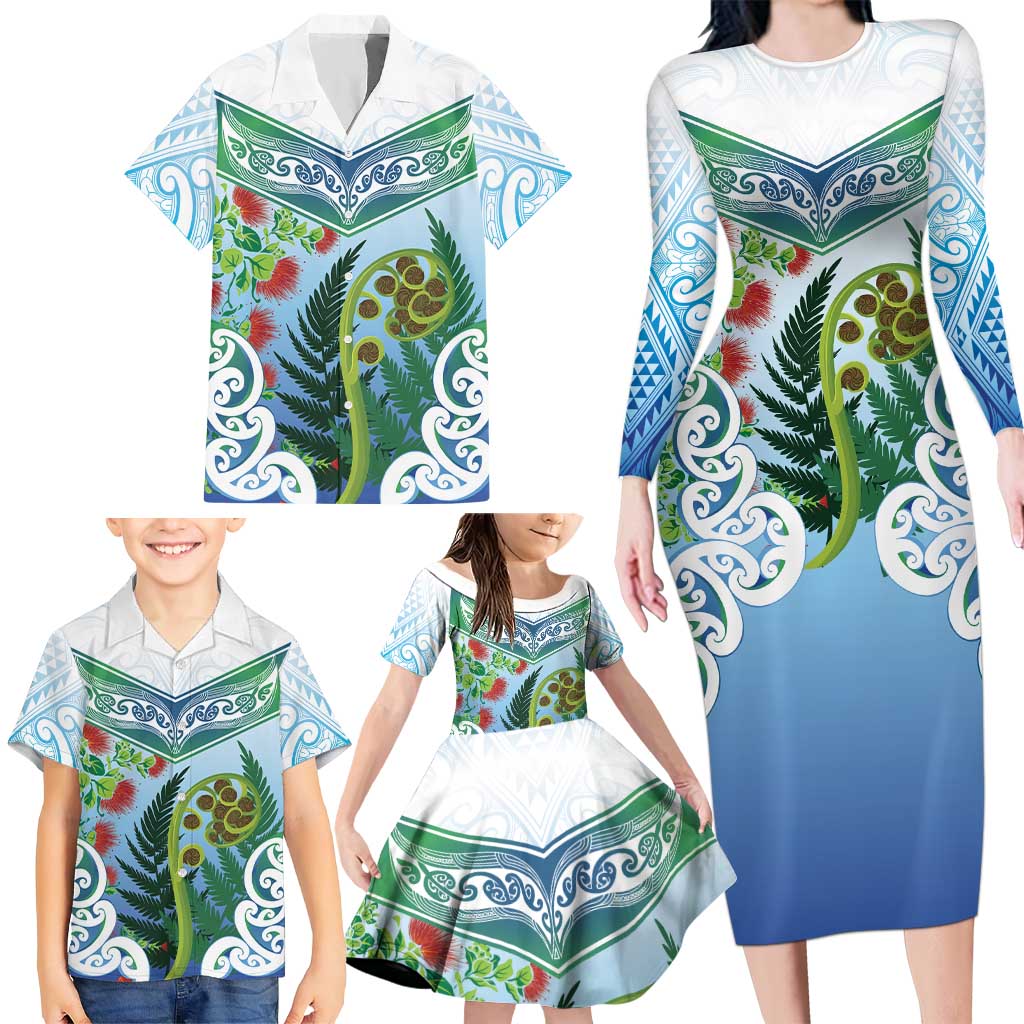 Aotearoa New Zealand Natural Plants Family Matching Long Sleeve Bodycon Dress and Hawaiian Shirt Pohutukawa with Silver Ferns Koru Frond Maori Tattoos LT03 - Polynesian Pride