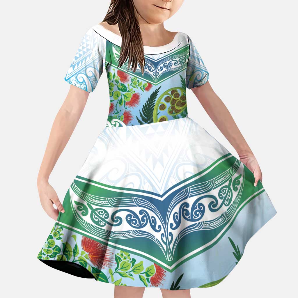 Aotearoa New Zealand Natural Plants Family Matching Mermaid Dress and Hawaiian Shirt Pohutukawa with Silver Ferns Koru Frond Maori Tattoos LT03 Daughter's Dress Multicolor - Polynesian Pride