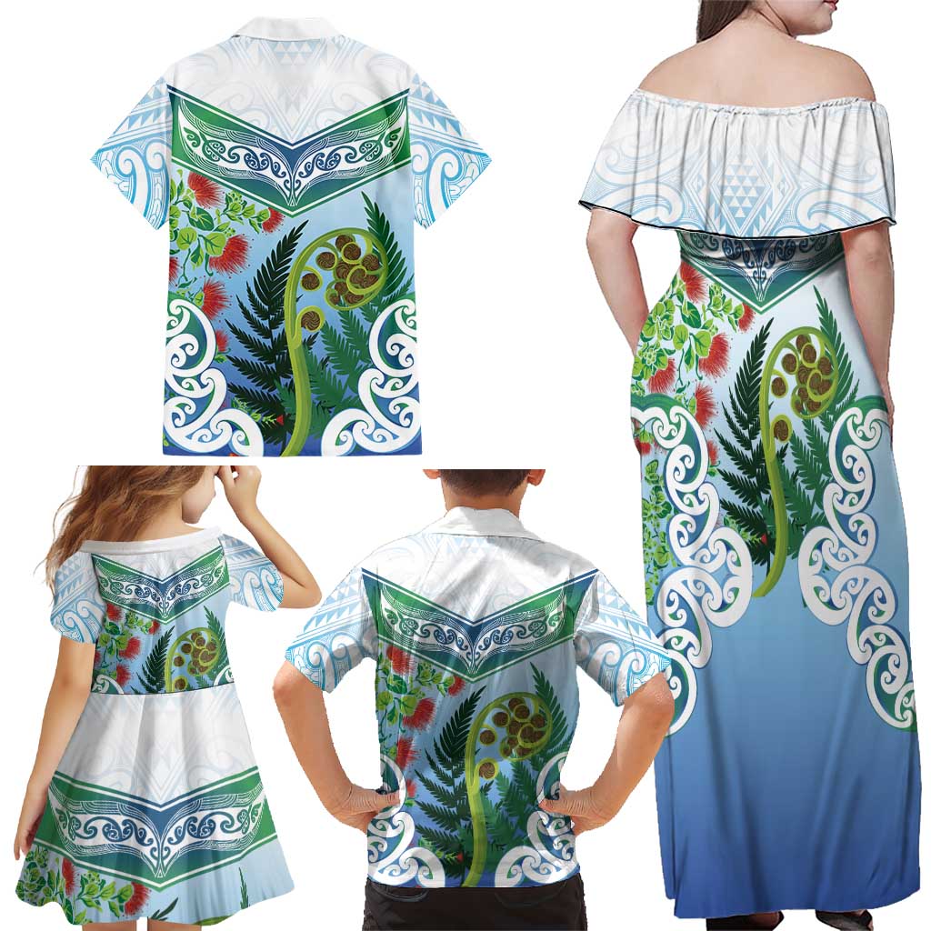 Aotearoa New Zealand Natural Plants Family Matching Off Shoulder Maxi Dress and Hawaiian Shirt Pohutukawa with Silver Ferns Koru Frond Maori Tattoos LT03 - Polynesian Pride