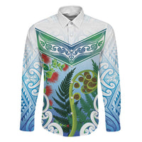 Aotearoa New Zealand Natural Plants Family Matching Short Sleeve Bodycon Dress and Hawaiian Shirt Pohutukawa with Silver Ferns Koru Frond Maori Tattoos LT03 Dad's Shirt - Long Sleeve Multicolor - Polynesian Pride