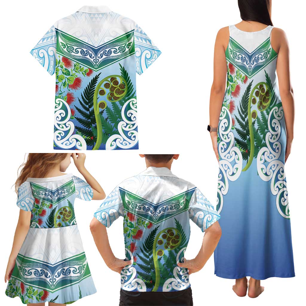 Aotearoa New Zealand Natural Plants Family Matching Tank Maxi Dress and Hawaiian Shirt Pohutukawa with Silver Ferns Koru Frond Maori Tattoos LT03 - Polynesian Pride