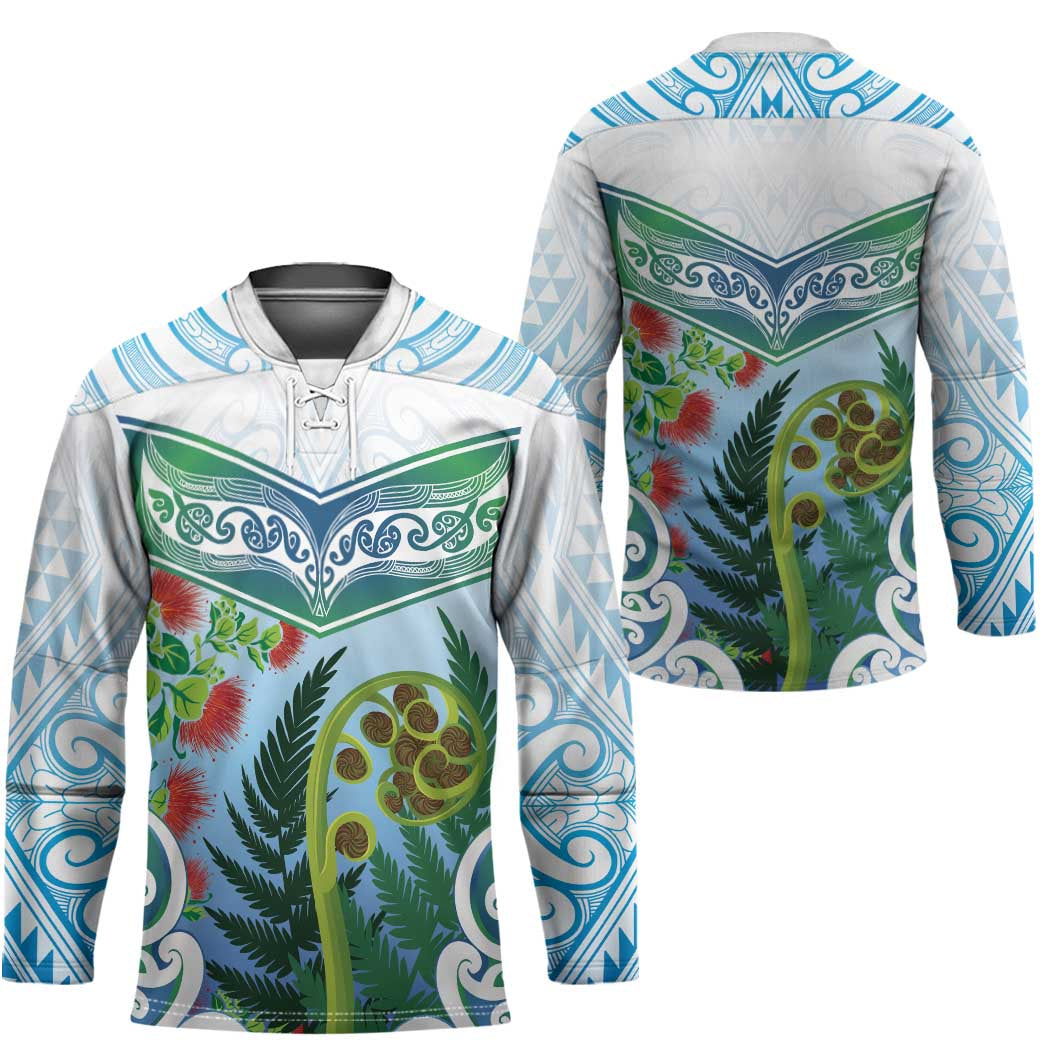 Aotearoa New Zealand Natural Plants Hockey Jersey Pohutukawa with Silver Ferns Koru Frond Maori Tattoos LT03 - Polynesian Pride