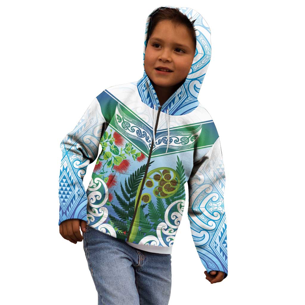 Aotearoa New Zealand Natural Plants Kid Hoodie Pohutukawa with Silver Ferns Koru Frond Maori Tattoos LT03 - Polynesian Pride