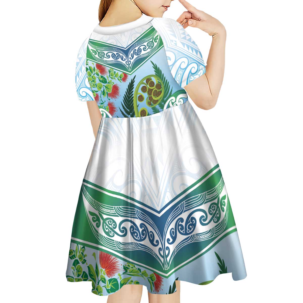 Aotearoa New Zealand Natural Plants Kid Short Sleeve Dress Pohutukawa with Silver Ferns Koru Frond Maori Tattoos LT03 - Polynesian Pride