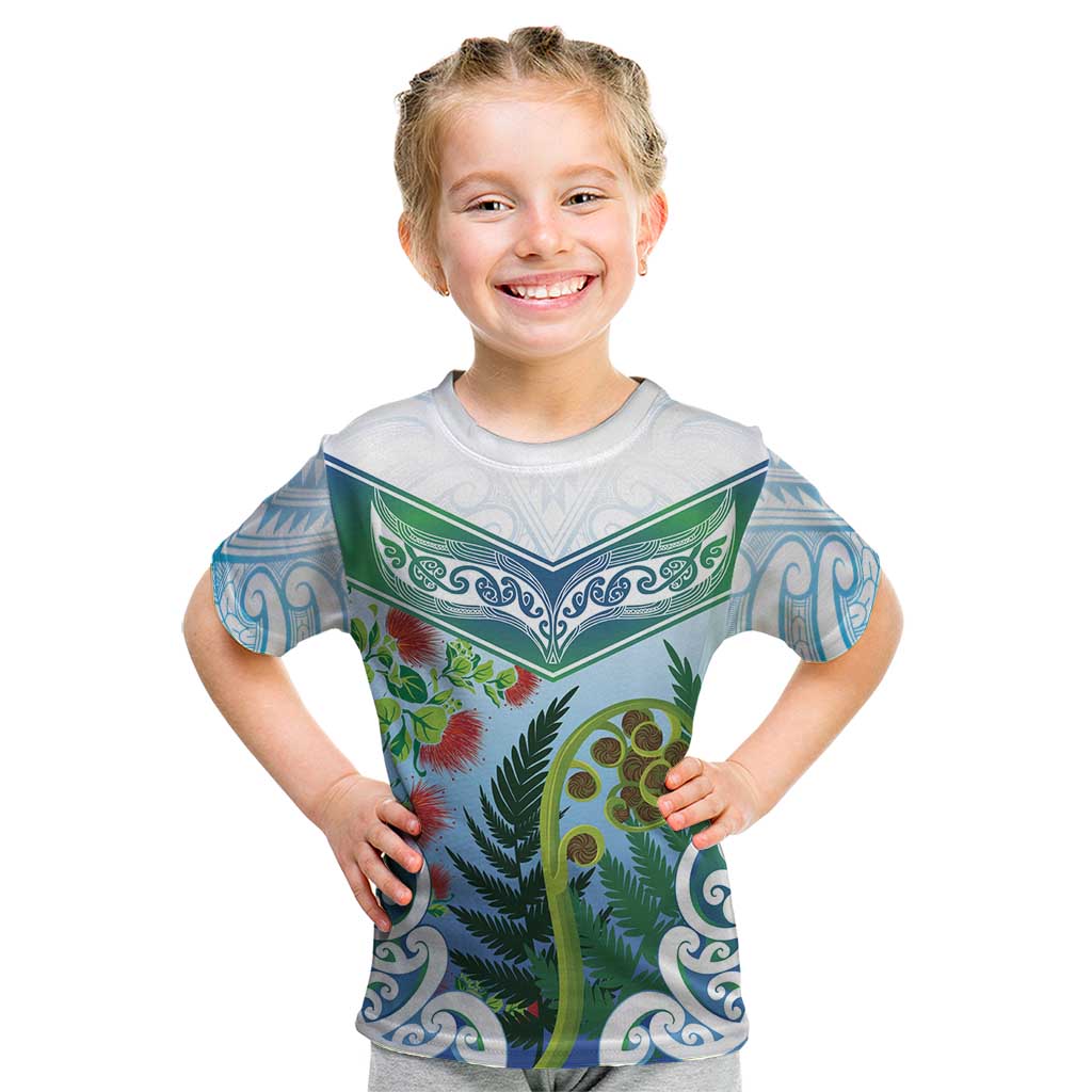 Aotearoa New Zealand Natural Plants Kid T Shirt Pohutukawa with Silver Ferns Koru Frond Maori Tattoos