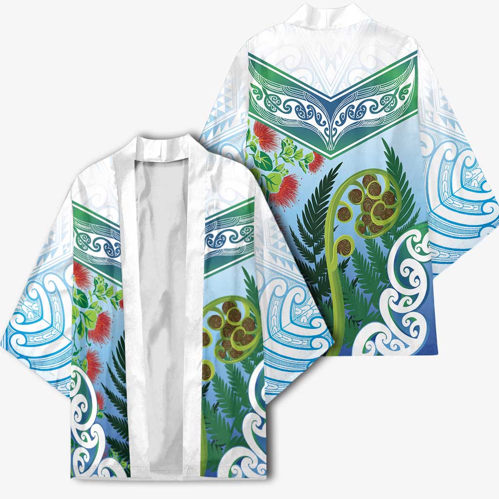Aotearoa New Zealand Natural Plants Kimono Pohutukawa with Silver Ferns Koru Frond Maori Tattoos LT03 - Polynesian Pride