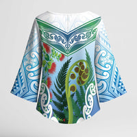 Aotearoa New Zealand Natural Plants Kimono Sleeve Blouse Pohutukawa with Silver Ferns Koru Frond Maori Tattoos