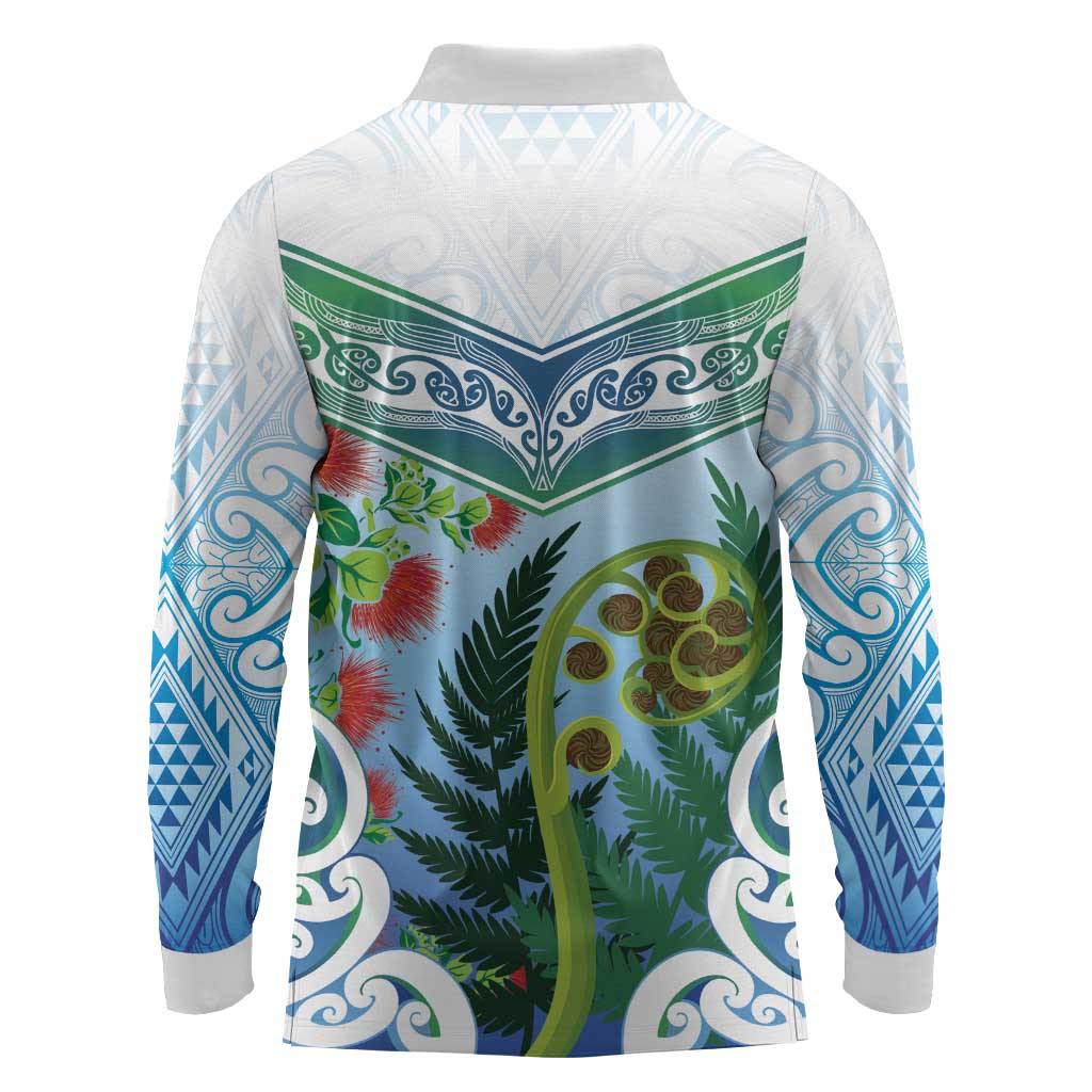 Aotearoa New Zealand Natural Plants Long Sleeve Polo Shirt Pohutukawa with Silver Ferns Koru Frond Maori Tattoos LT03 - Polynesian Pride