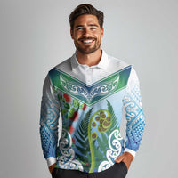 Aotearoa New Zealand Natural Plants Long Sleeve Polo Shirt Pohutukawa with Silver Ferns Koru Frond Maori Tattoos LT03 - Polynesian Pride