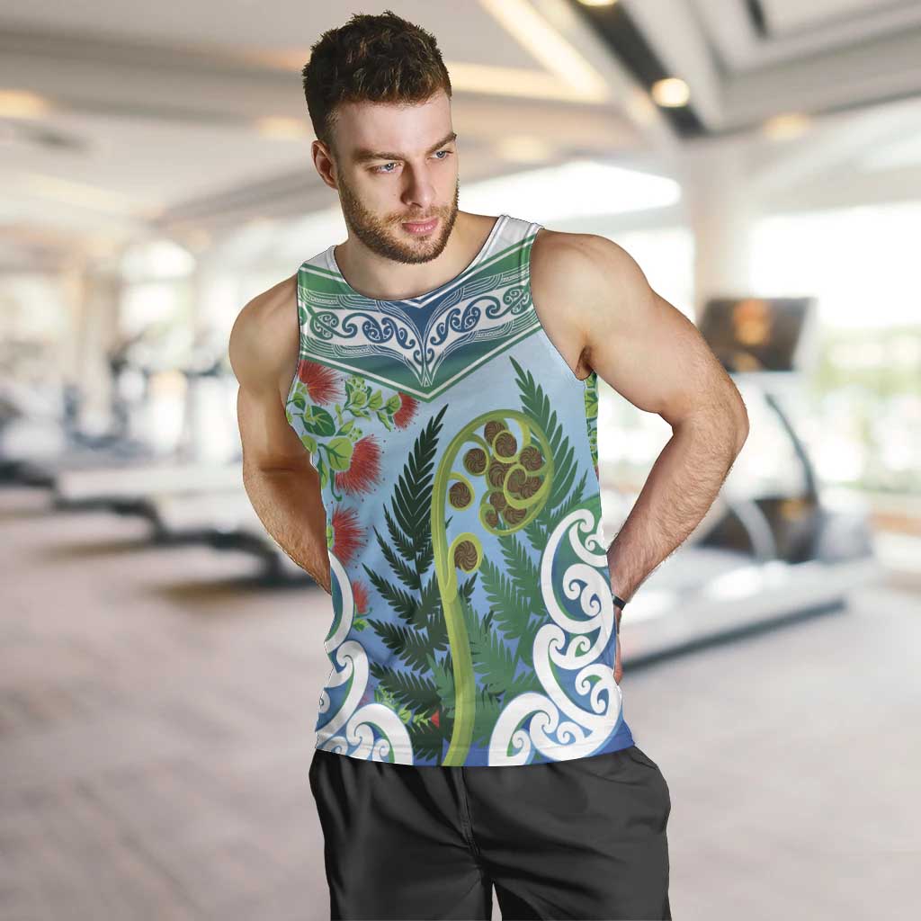 Aotearoa New Zealand Natural Plants Men Tank Top Pohutukawa with Silver Ferns Koru Frond Maori Tattoos