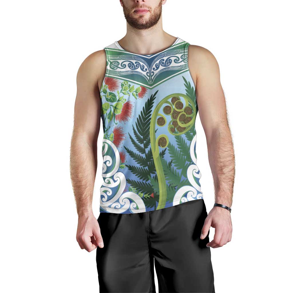 Aotearoa New Zealand Natural Plants Men Tank Top Pohutukawa with Silver Ferns Koru Frond Maori Tattoos