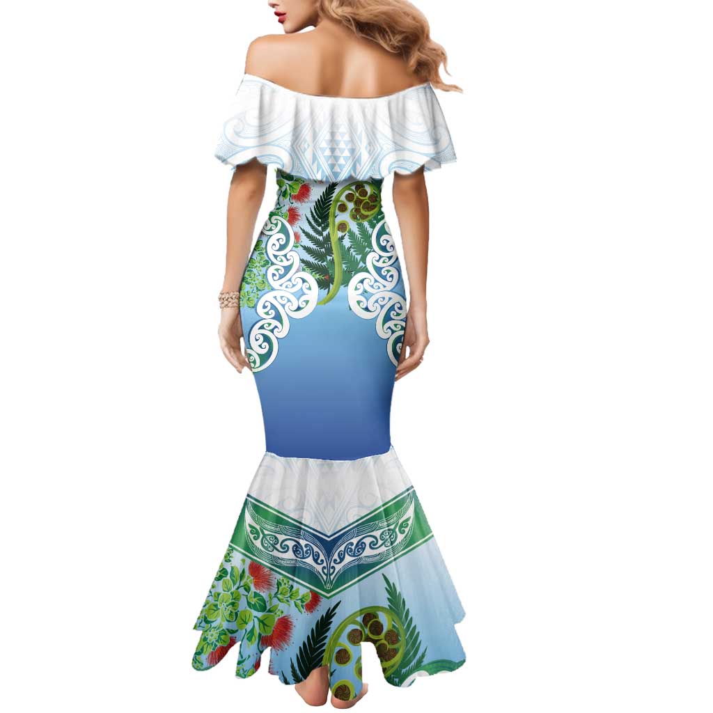 Aotearoa New Zealand Natural Plants Mermaid Dress Pohutukawa with Silver Ferns Koru Frond Maori Tattoos LT03 - Polynesian Pride