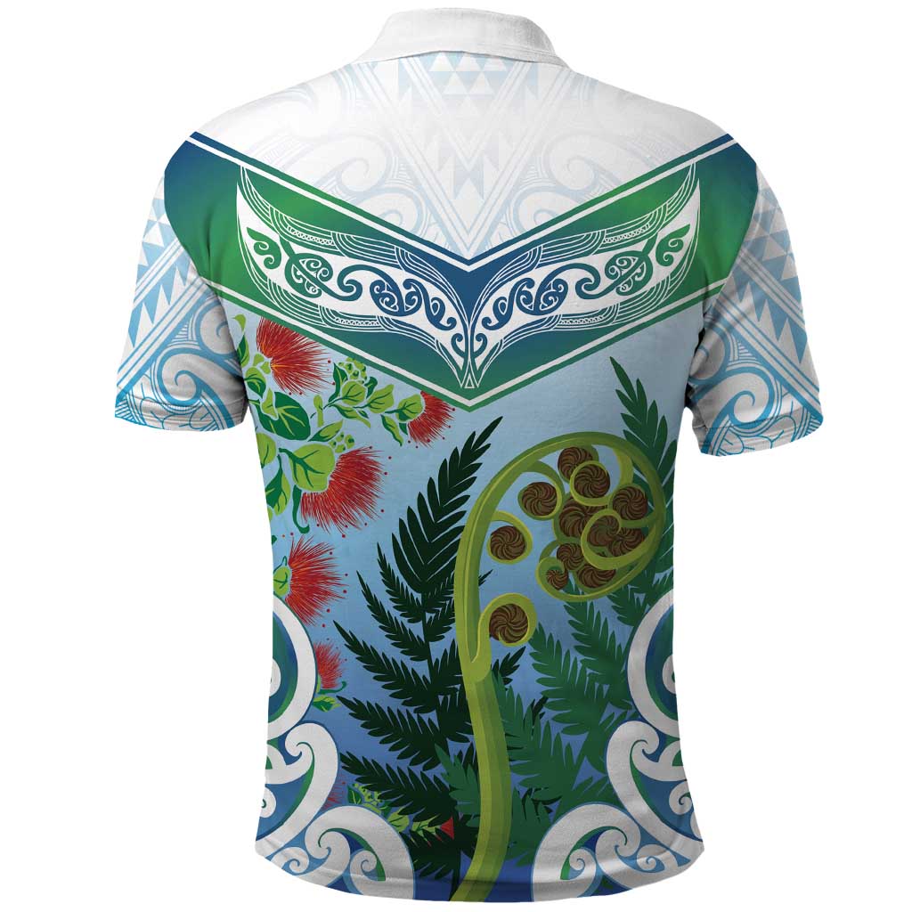 Aotearoa New Zealand Natural Plants Polo Shirt Pohutukawa with Silver Ferns Koru Frond Maori Tattoos
