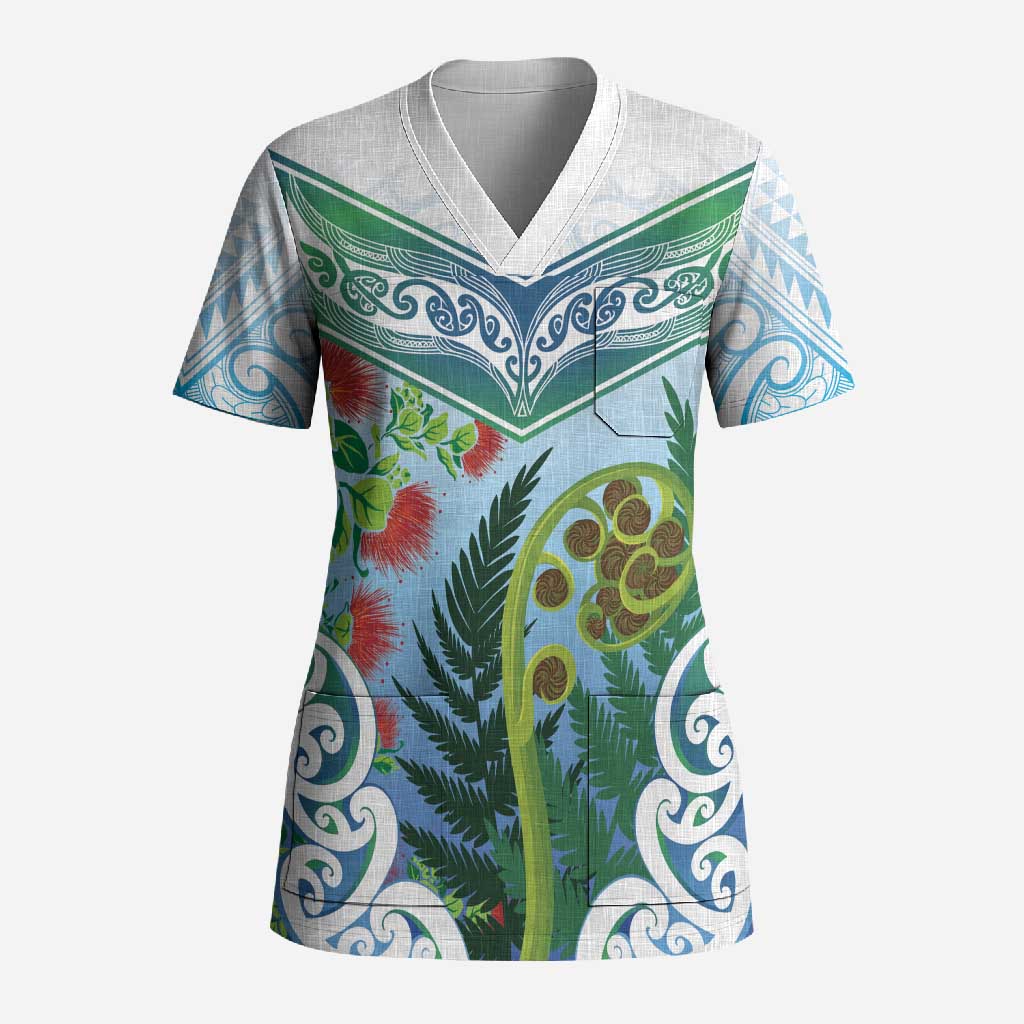 Aotearoa New Zealand Natural Plants Scrub Top Pohutukawa with Silver Ferns Koru Frond Maori Tattoos LT03 Adult Multicolor - Polynesian Pride