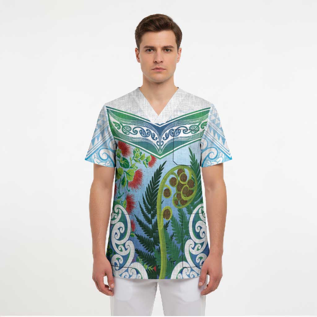Aotearoa New Zealand Natural Plants Scrub Top Pohutukawa with Silver Ferns Koru Frond Maori Tattoos LT03 - Polynesian Pride