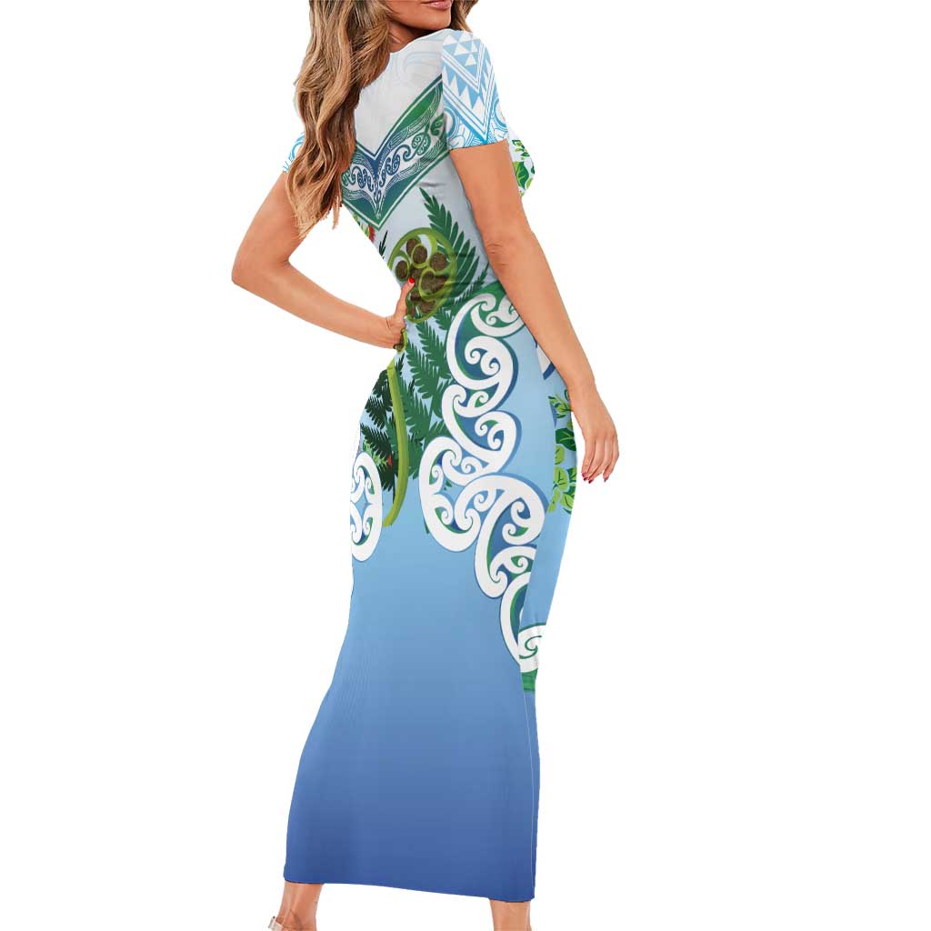 Aotearoa New Zealand Natural Plants Short Sleeve Bodycon Dress Pohutukawa with Silver Ferns Koru Frond Maori Tattoos LT03 - Polynesian Pride