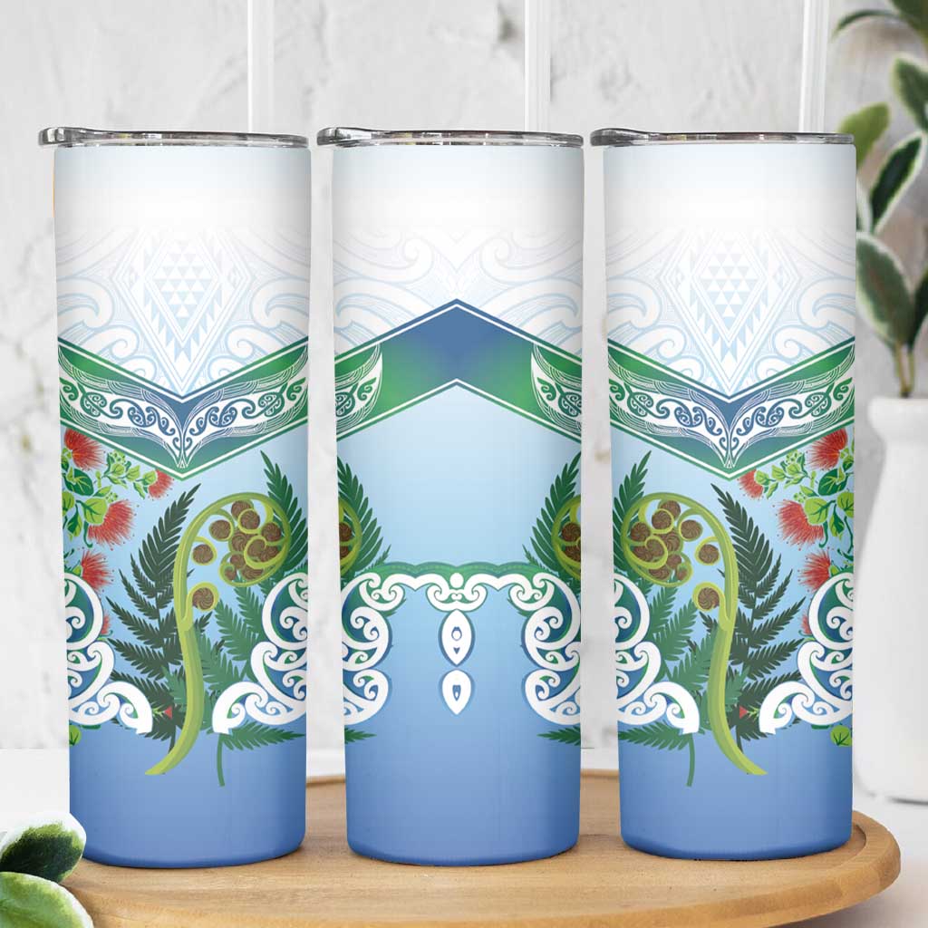 Aotearoa New Zealand Natural Plants Skinny Tumbler Pohutukawa with Silver Ferns Koru Frond Maori Tattoos LT03 - Polynesian Pride