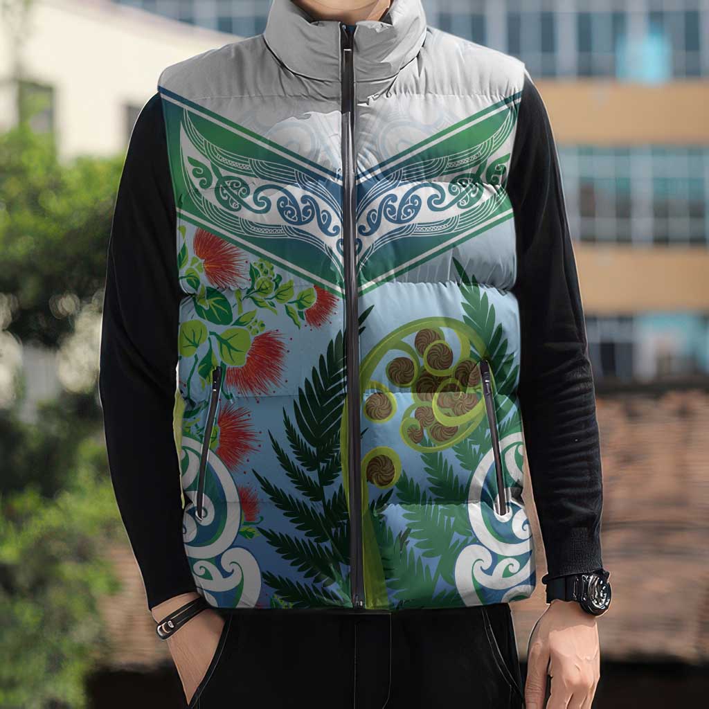 Aotearoa New Zealand Natural Plants Sleeveless Puffer Jacket Pohutukawa with Silver Ferns Koru Frond Maori Tattoos LT03 - Polynesian Pride