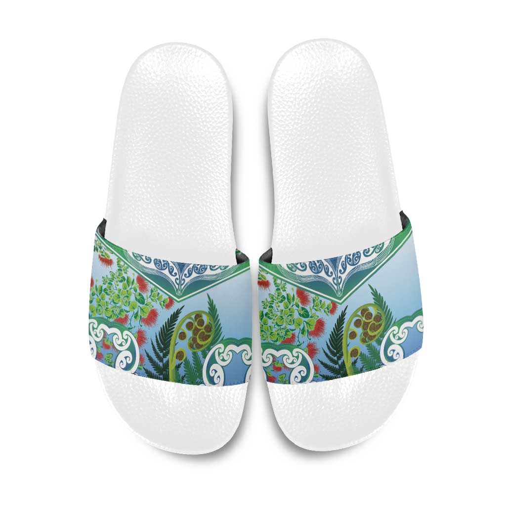 Aotearoa New Zealand Natural Plants Slide Sandals Pohutukawa with Silver Ferns Koru Frond Maori Tattoos