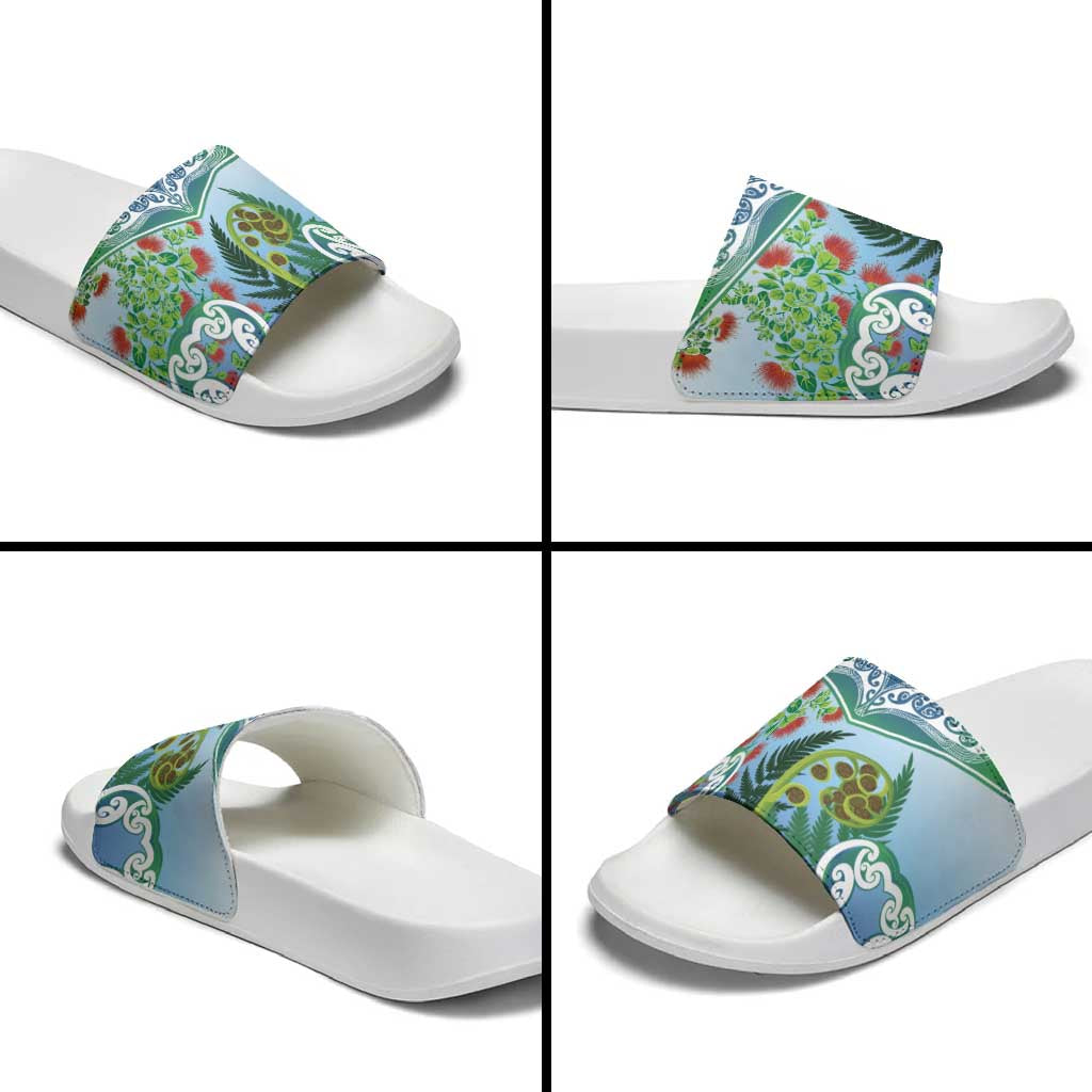 Aotearoa New Zealand Natural Plants Slide Sandals Pohutukawa with Silver Ferns Koru Frond Maori Tattoos