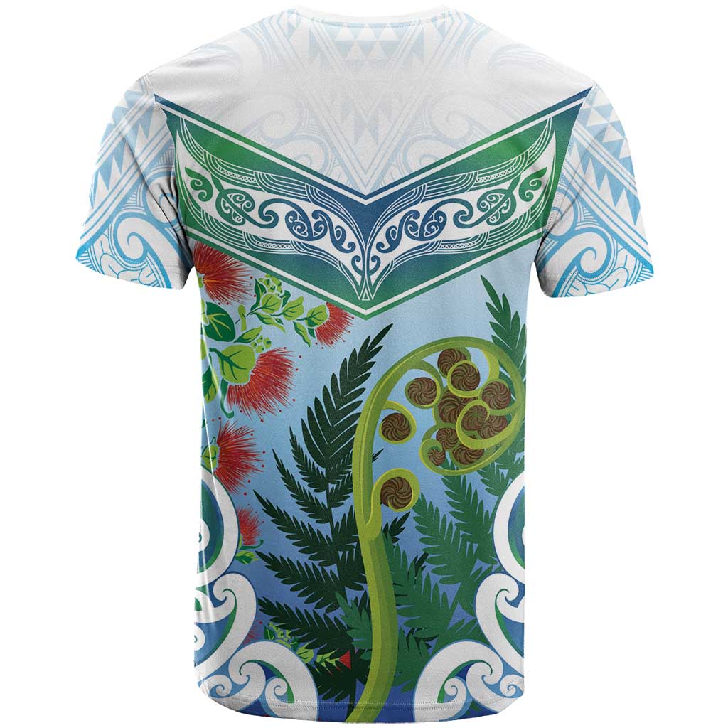 Aotearoa New Zealand Natural Plants T Shirt Pohutukawa with Silver Ferns Koru Frond Maori Tattoos