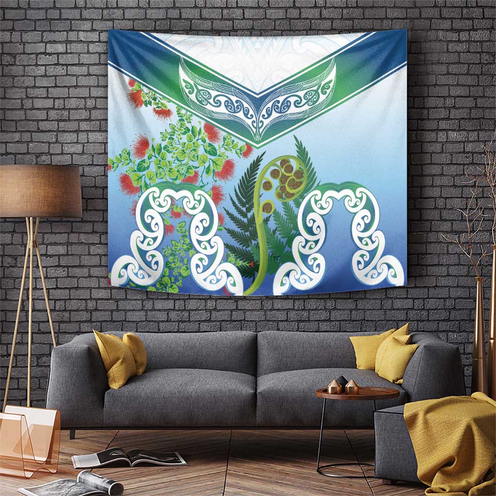 Aotearoa New Zealand Natural Plants Tapestry Pohutukawa with Silver Ferns Koru Frond Maori Tattoos LT03 Multicolor - Polynesian Pride