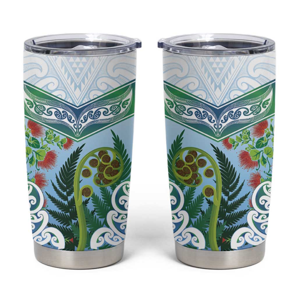 Aotearoa New Zealand Natural Plants Tumbler Cup Pohutukawa with Silver Ferns Koru Frond Maori Tattoos