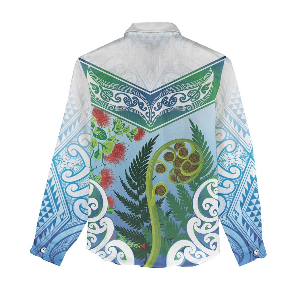 Aotearoa New Zealand Natural Plants Women Casual Shirt Pohutukawa with Silver Ferns Koru Frond Maori Tattoos LT03 - Polynesian Pride