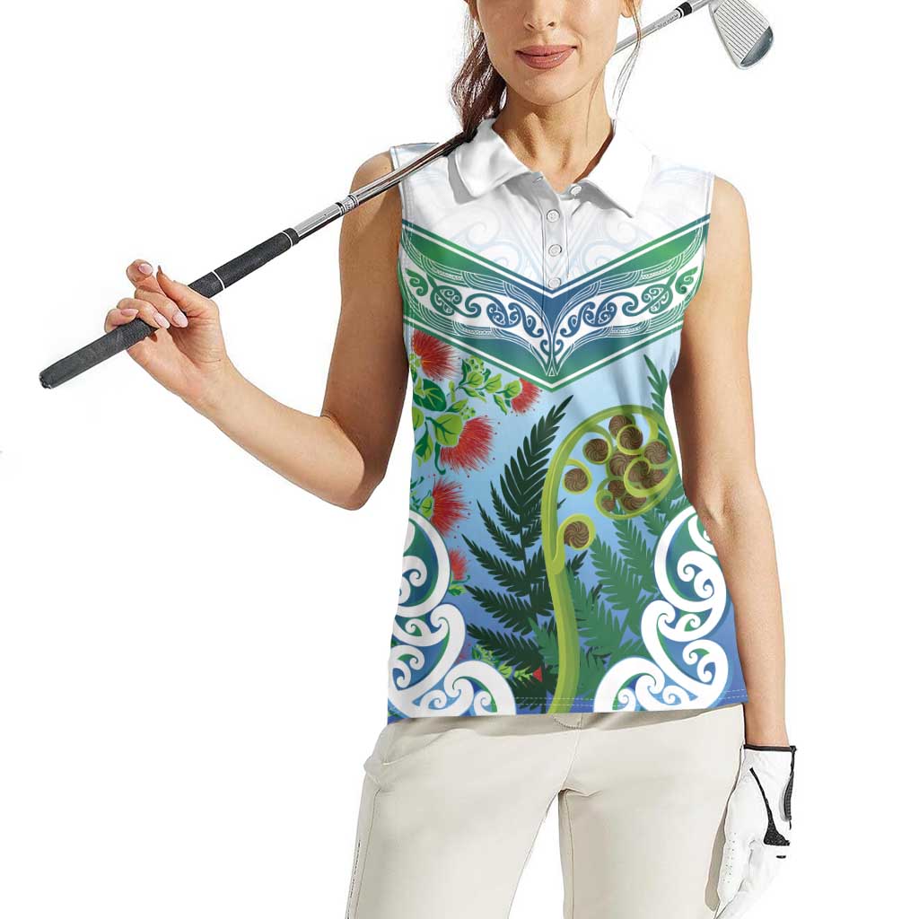 Aotearoa New Zealand Natural Plants Women Sleeveless Polo Shirt Pohutukawa with Silver Ferns Koru Frond Maori Tattoos LT03 - Polynesian Pride