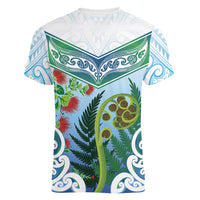 Aotearoa New Zealand Natural Plants Women V-Neck T-Shirt Pohutukawa with Silver Ferns Koru Frond Maori Tattoos LT03 - Polynesian Pride