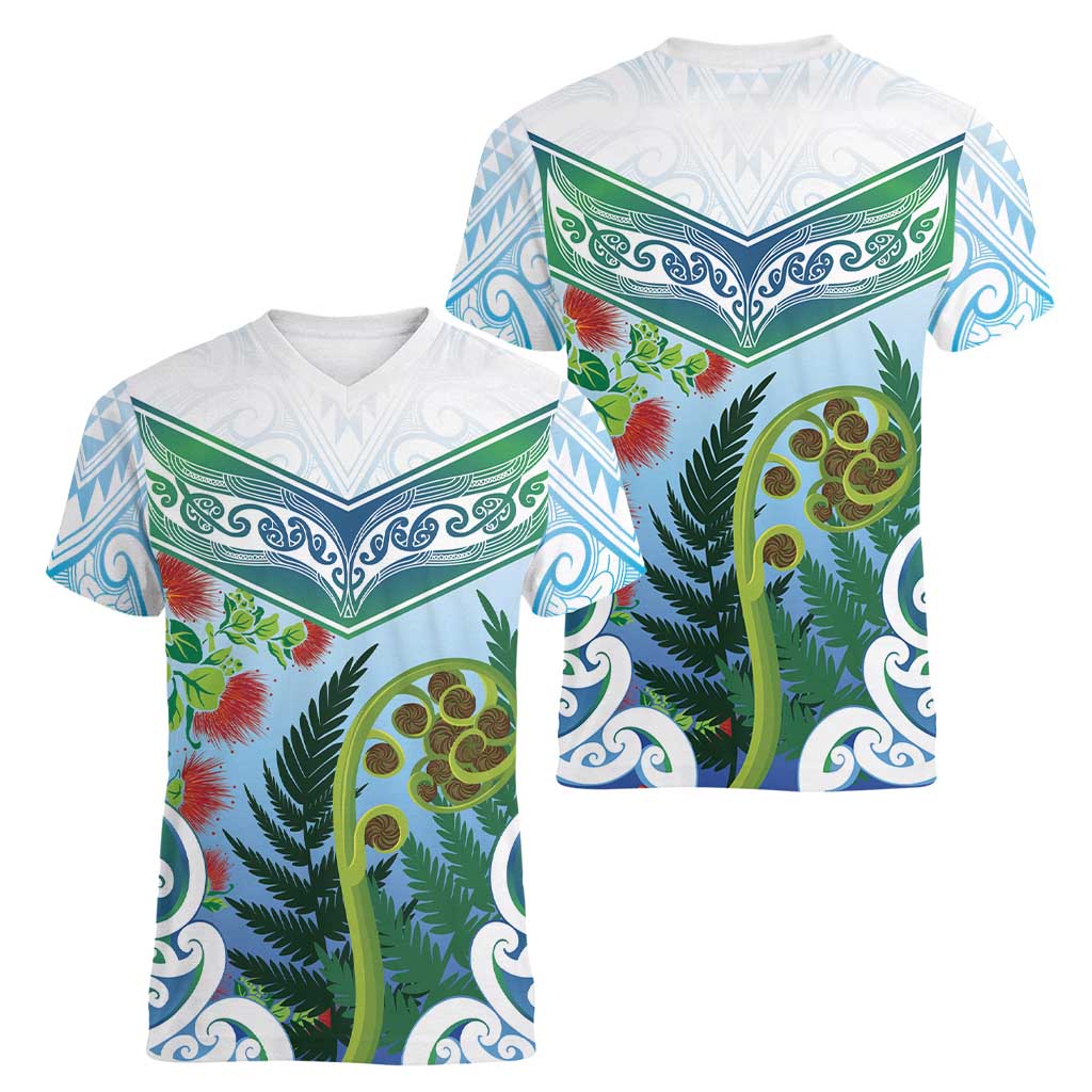 Aotearoa New Zealand Natural Plants Women V-Neck T-Shirt Pohutukawa with Silver Ferns Koru Frond Maori Tattoos LT03 - Polynesian Pride