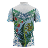 Aotearoa New Zealand Natural Plants Zipper Polo Shirt Pohutukawa with Silver Ferns Koru Frond Maori Tattoos LT03 - Polynesian Pride