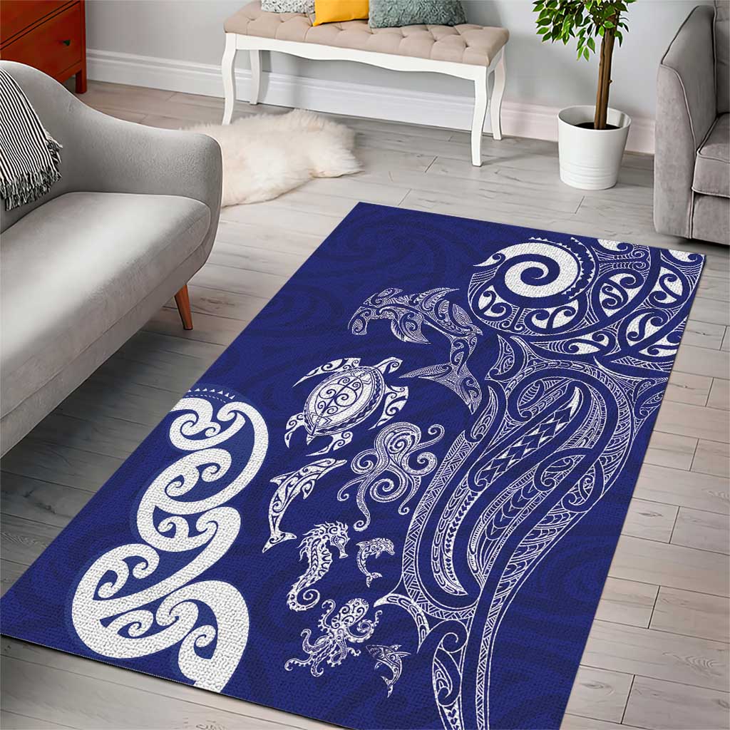 New Zealand Sea Animals with Maori Tribal Tattoo Area Rug Blue Color