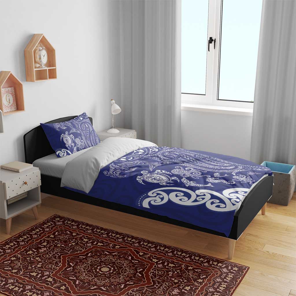 New Zealand Sea Animals with Maori Tribal Tattoo Bedding Set Blue Color