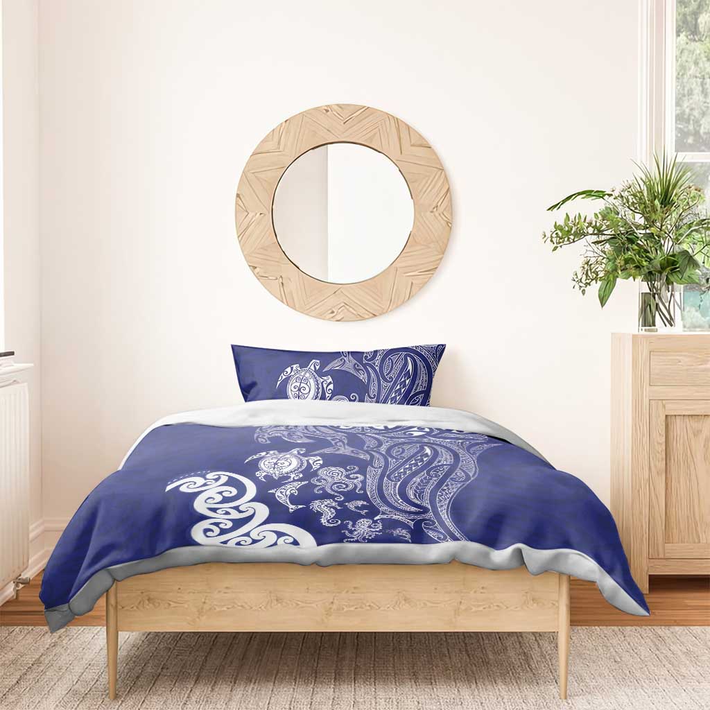 New Zealand Sea Animals with Maori Tribal Tattoo Bedding Set Blue Color