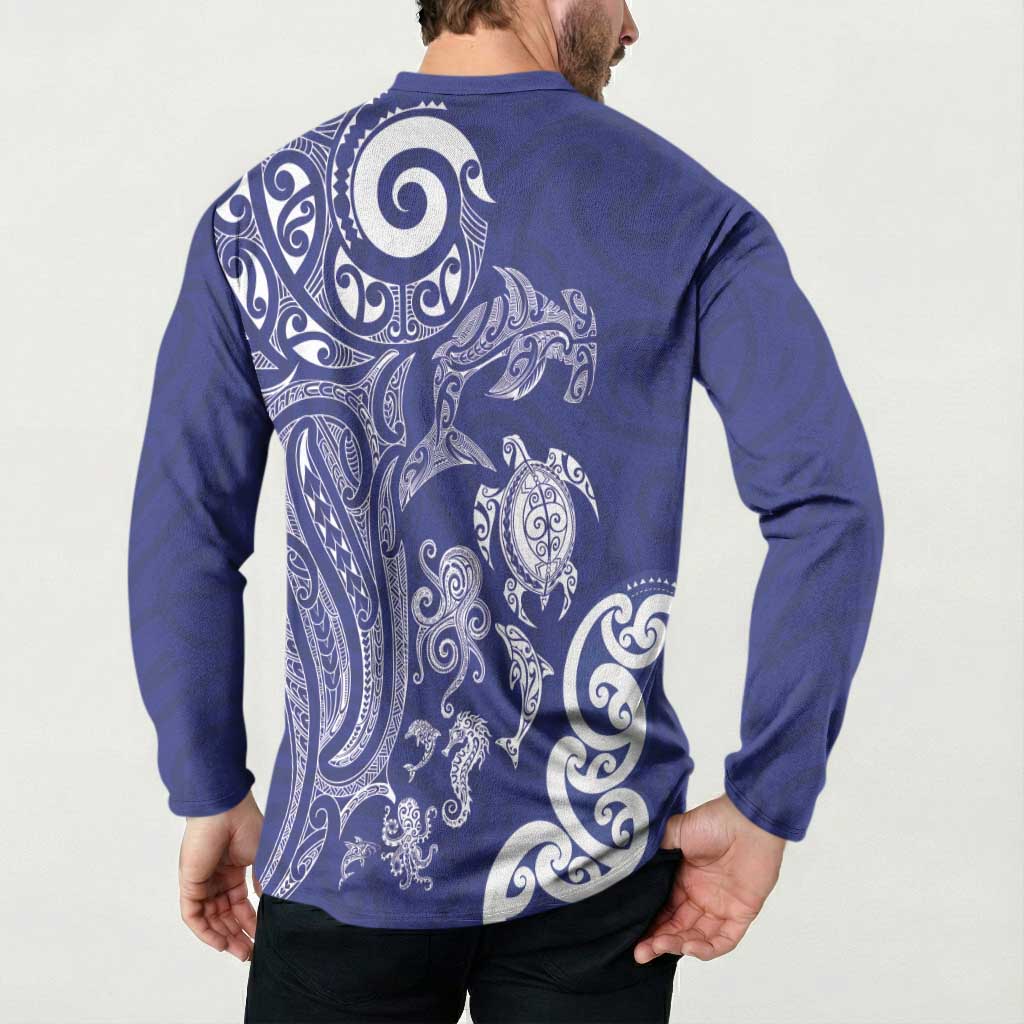 New Zealand Sea Animals with Maori Tribal Tattoo Button Sweatshirt Blue Color LT03 - Polynesian Pride