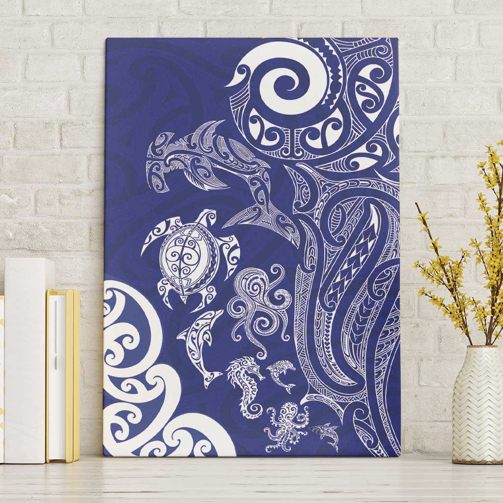 New Zealand Sea Animals with Maori Tribal Tattoo Canvas Wall Art Blue Color