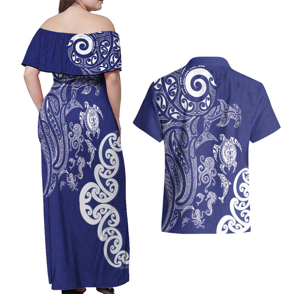 New Zealand Sea Animals with Maori Tribal Tattoo Couples Matching Off Shoulder Maxi Dress and Hawaiian Shirt Blue Color LT03 - Polynesian Pride