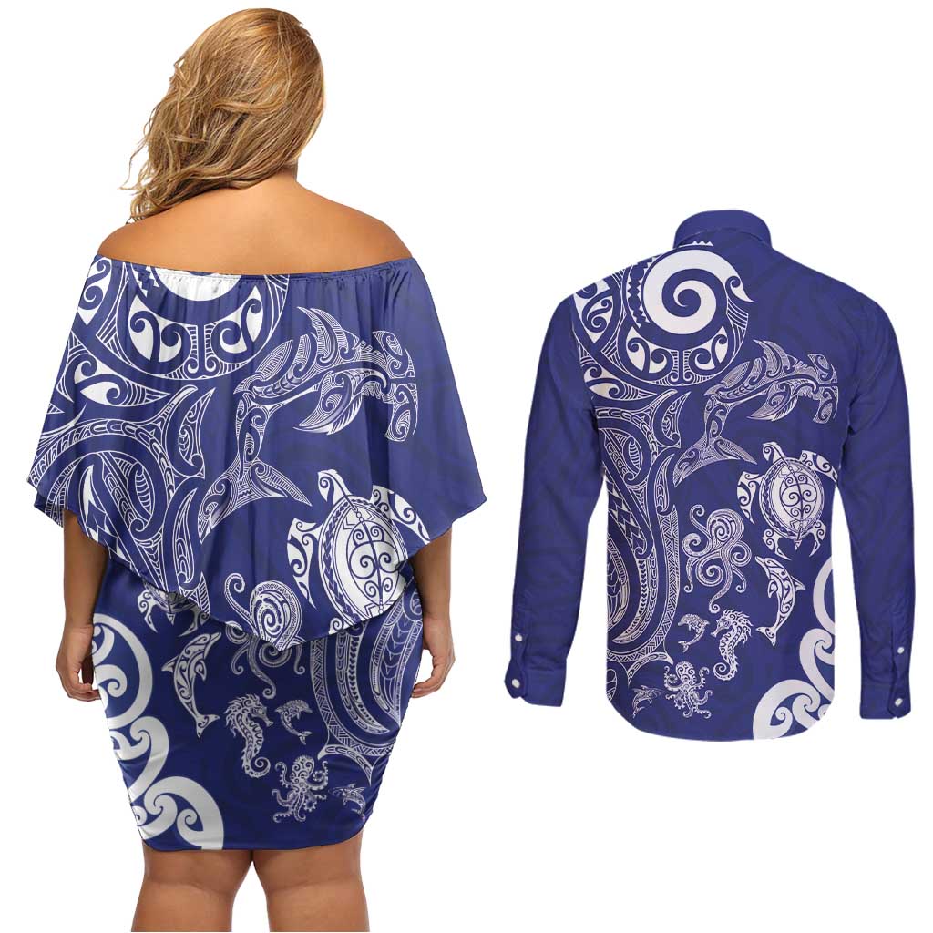 New Zealand Sea Animals with Maori Tribal Tattoo Couples Matching Off Shoulder Short Dress and Long Sleeve Button Shirt Blue Color LT03 - Polynesian Pride