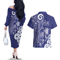 New Zealand Sea Animals with Maori Tribal Tattoo Couples Matching Off The Shoulder Long Sleeve Dress and Hawaiian Shirt Blue Color LT03 - Polynesian Pride