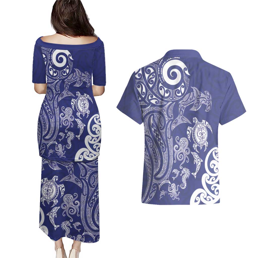 New Zealand Sea Animals with Maori Tribal Tattoo Couples Matching Puletasi and Hawaiian Shirt Blue Color LT03 - Polynesian Pride