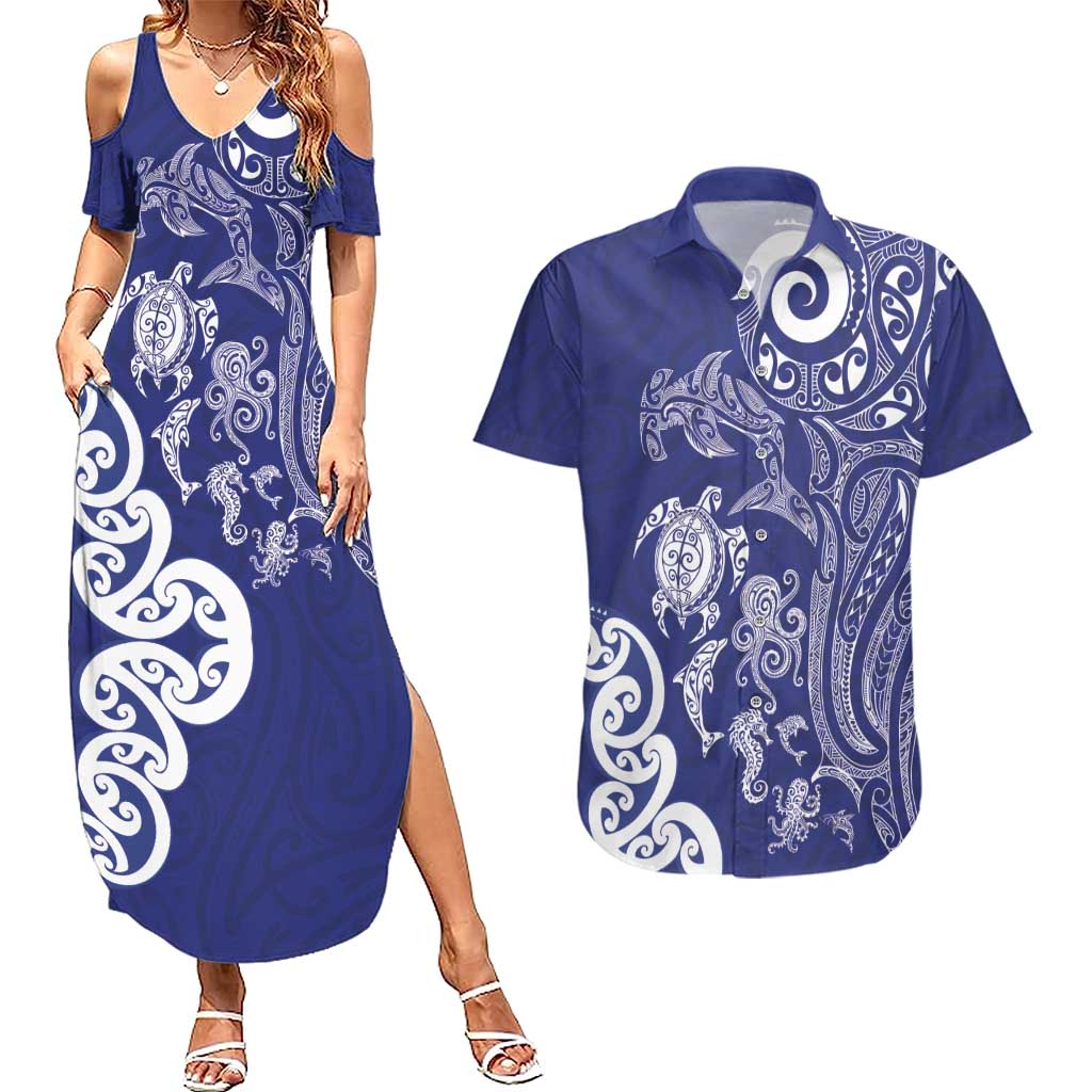 New Zealand Sea Animals with Maori Tribal Tattoo Couples Matching Summer Maxi Dress and Hawaiian Shirt Blue Color