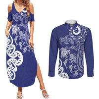 New Zealand Sea Animals with Maori Tribal Tattoo Couples Matching Summer Maxi Dress and Long Sleeve Button Shirt Blue Color LT03 Blue - Polynesian Pride