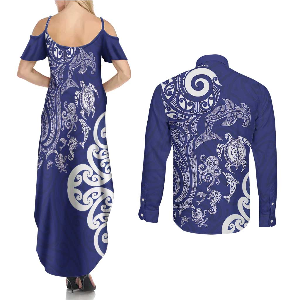 New Zealand Sea Animals with Maori Tribal Tattoo Couples Matching Summer Maxi Dress and Long Sleeve Button Shirt Blue Color LT03 - Polynesian Pride