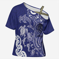 New Zealand Sea Animals with Maori Tribal Tattoo Cross Shoulder Shirt Blue Color