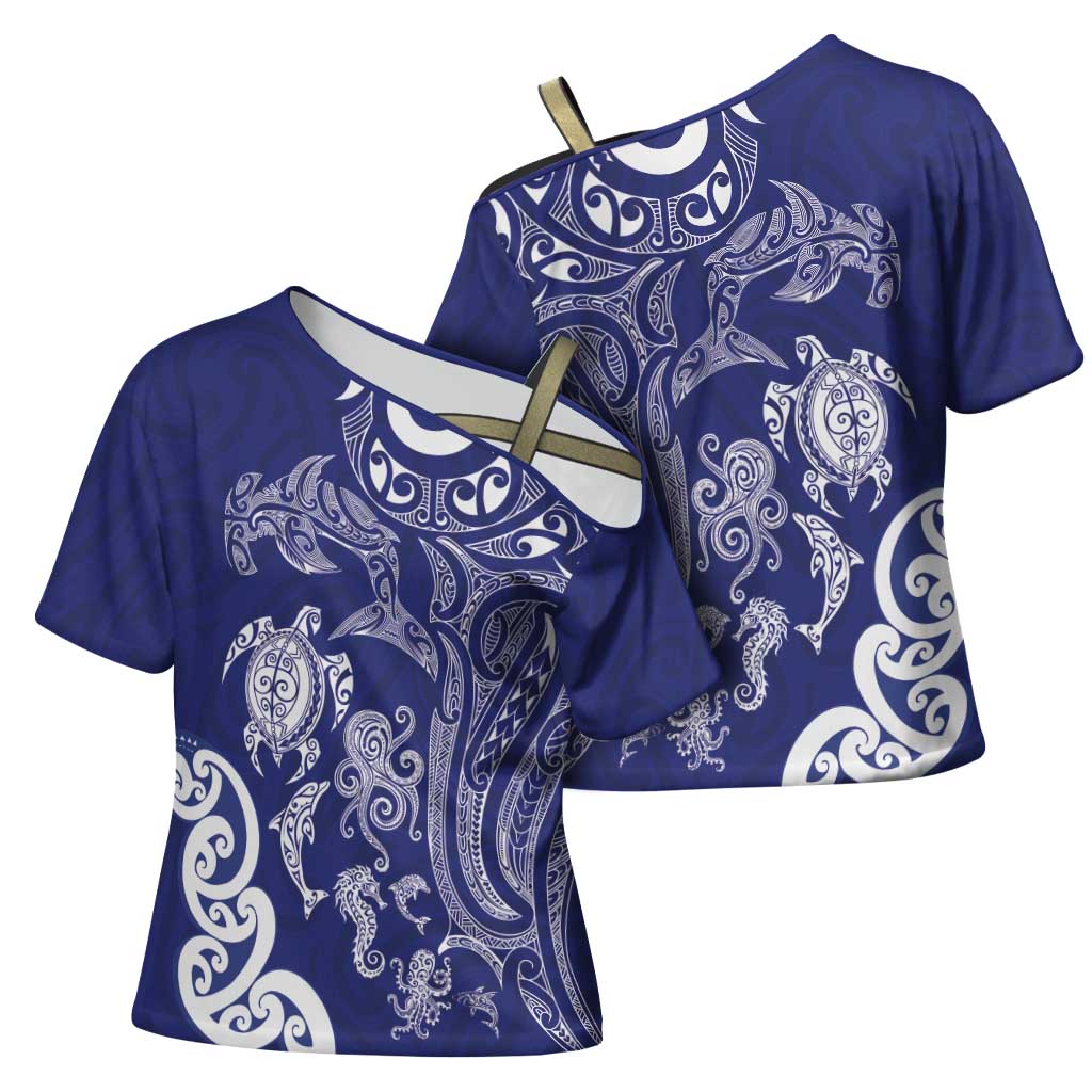 New Zealand Sea Animals with Maori Tribal Tattoo Cross Shoulder Shirt Blue Color